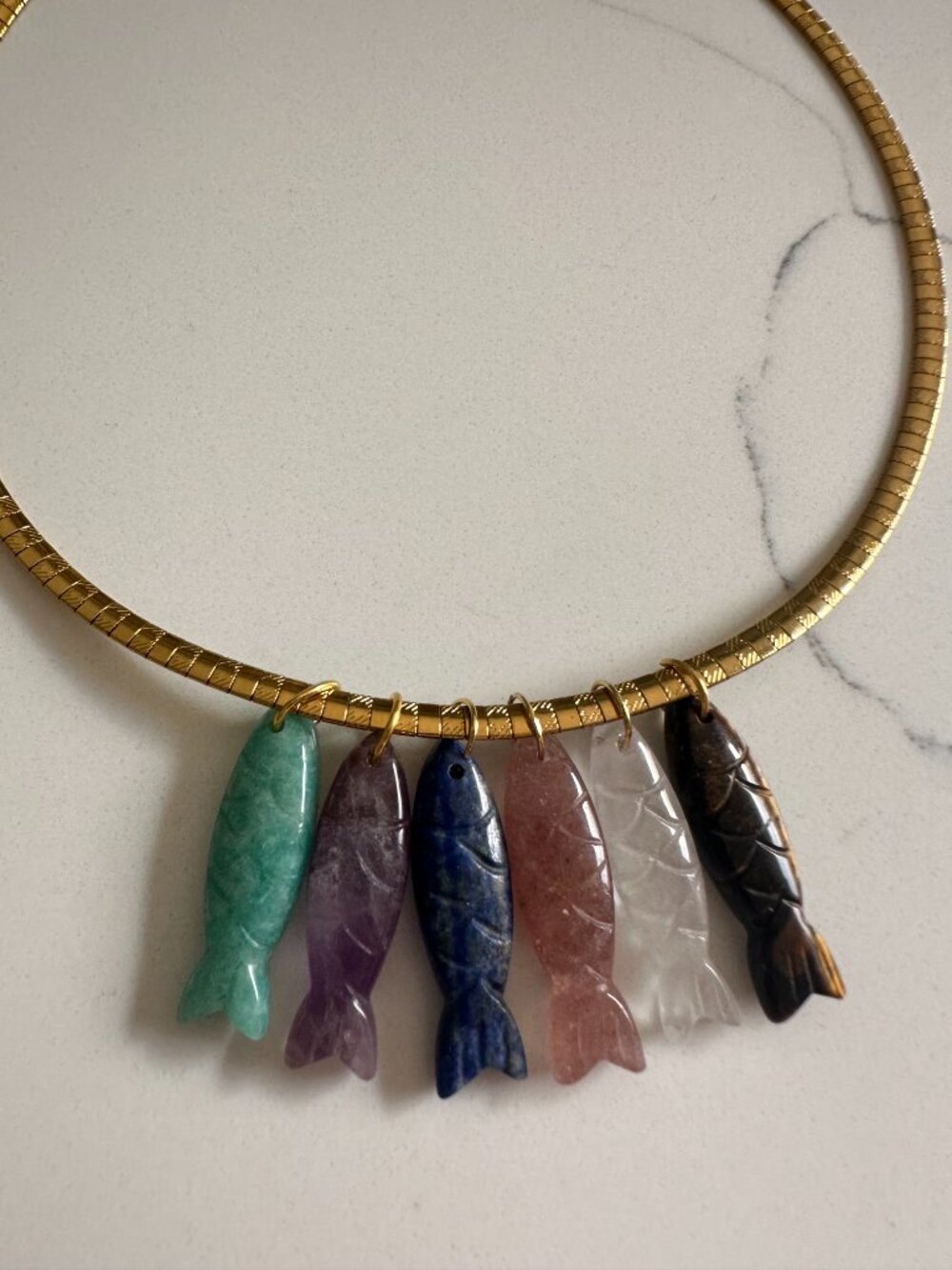 Natural Gemstone Fish Charm Choker Necklace – Amazonite Amethyst Lapis Lazuli St - Picture 3 of 4